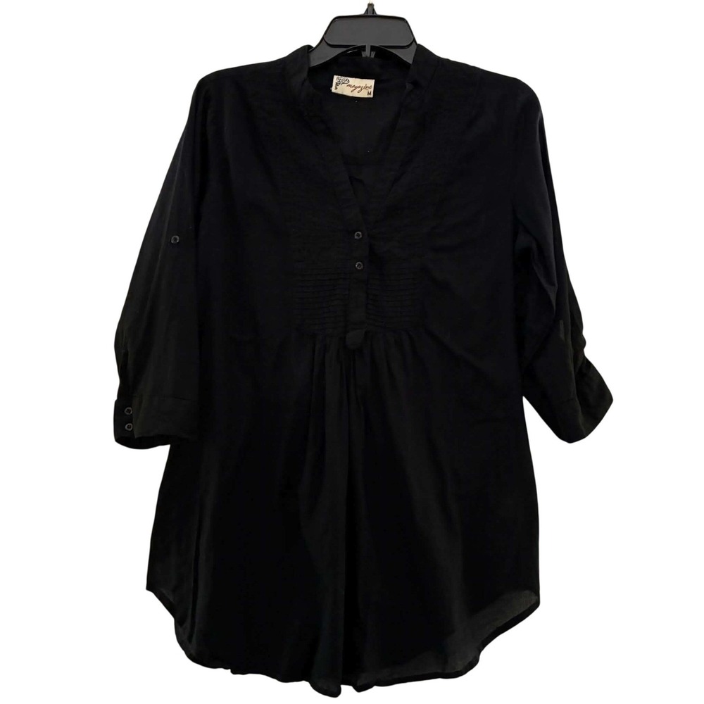 Magazine Tunic Top Womens M Black Cotton Pintuck Roll Tab Sleeve Boho Lagenlook